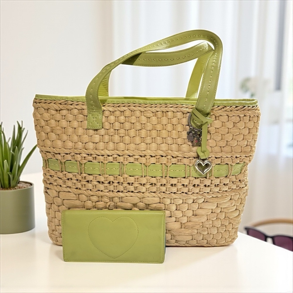 Vtg Brighton Woven Straw Tote Green Leather Trim & Heart Charm Leather Wallet